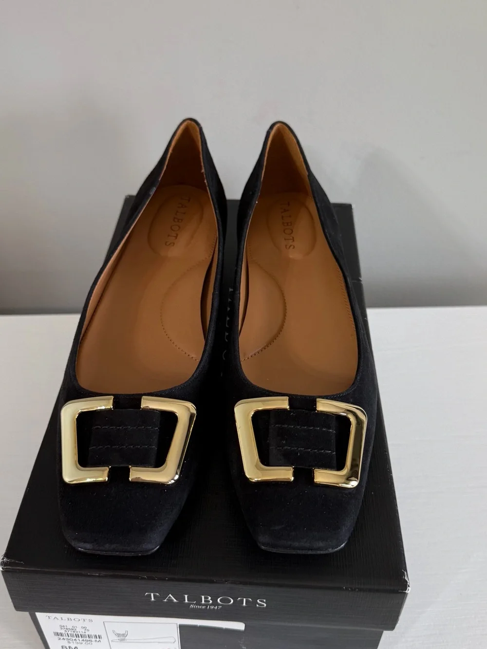 Talbots Black Suede Sutton Flats with Gold Buckle SZ 8